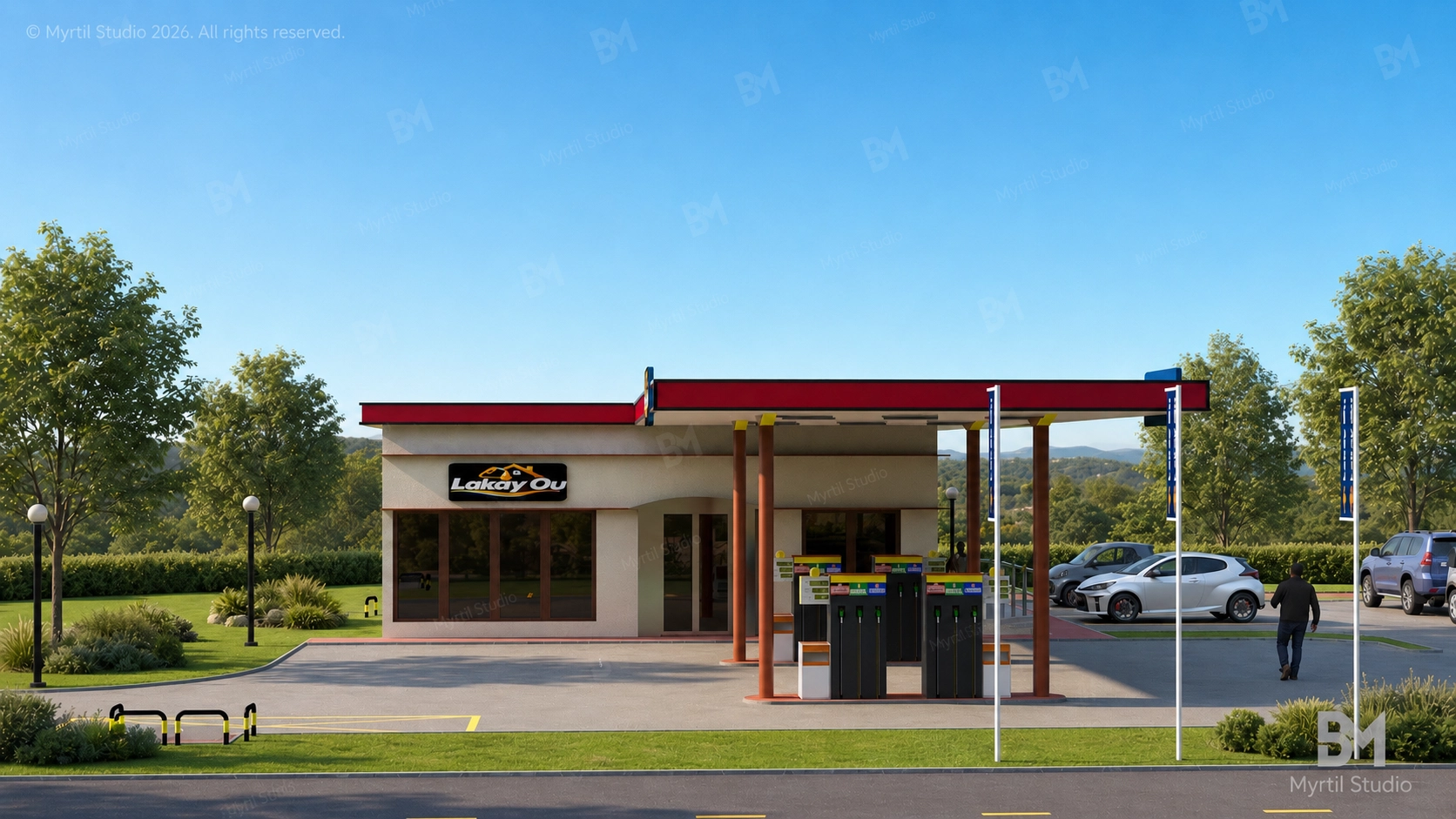 Station-service moderne avec rest-bar – Modèle architectural 3D